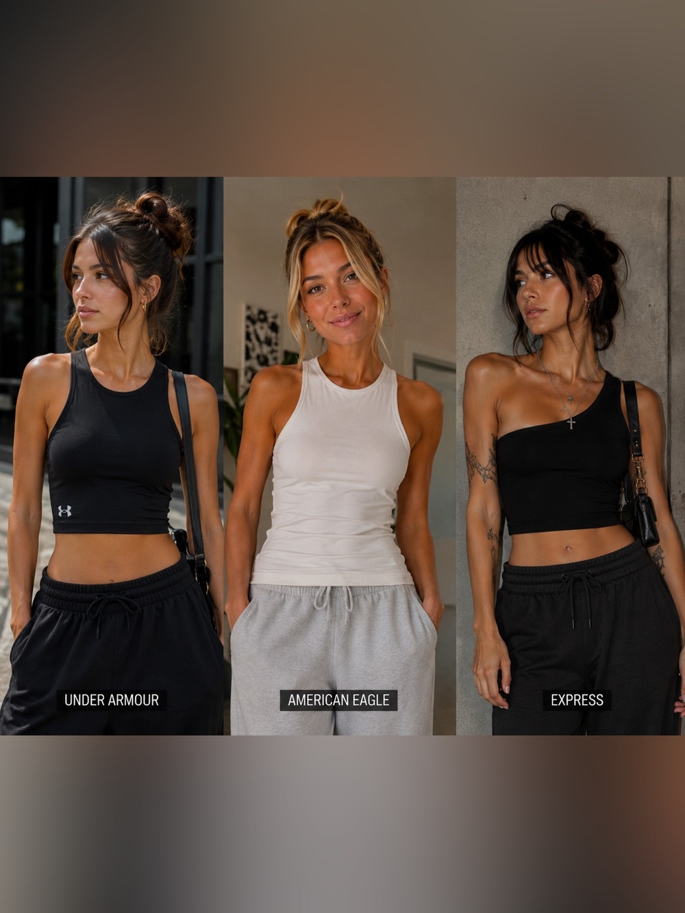 Express Black One-Shoulder Crop Top, Under Armor Crop and American Eagle Top